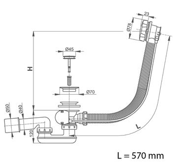 ROTH vaňový sifón 57 cm, bovden, chróm 8100011 Technický nákres