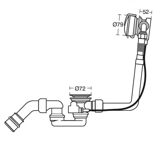 IDEAL STANDARD MELANGE vaňový sifón, s napúšťaním prepadom, bovden, chróm K7812AA Technický nákres