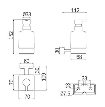 INDA LEA 1800 dávkovač tekutého mydla 250 ml, nástenný, sklo, bronz A18120BZ21 Technický nákres