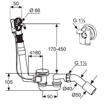 KLUDI ROTEXA vaňový sifón 45 cm, s napúšťaním prepadom, bovden 2131500-00 Technický nákres