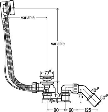 VIEGA SIMPLEX 6168.45 vaňový sifón 56 cm, bovden, chróm 285357 Technický nákres