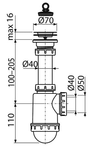 CONCEPT drezový sifón DN40/50, s výpustom PT100441 Technický nákres