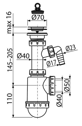 CONCEPT drezový sifón DN40/50, s prípojkou a výpustom PT100441P Technický nákres