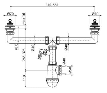 CONCEPT drezový sifón DN40/50, dvojitý, s prípojkou a dvoma výpustami PT100449P Technický nákres