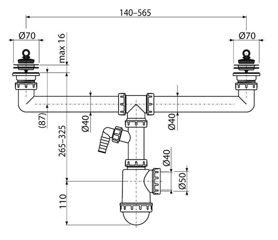 CONCEPT drezový sifón DN40/50, dvojitý, s prípojkou a dvoma výpustami PT100449P Technický nákres