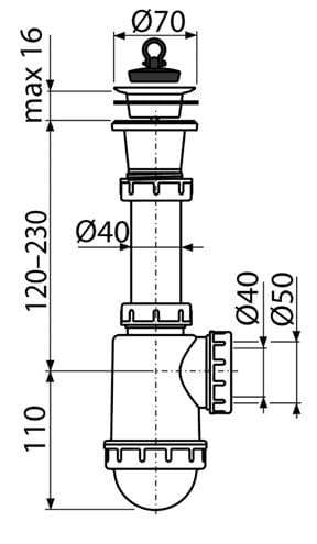 CONCEPT drezový sifón DN40/50, s výpustom PT100442 Technický nákres