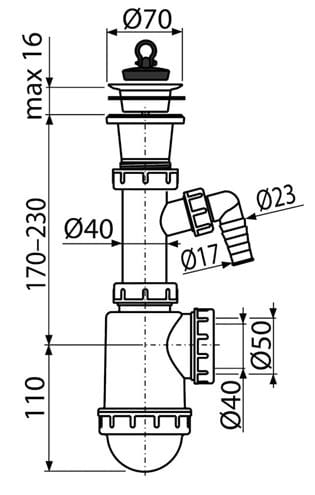 CONCEPT drezový sifón DN40/50, s prípojkou a výpustom PT100442P Technický nákres