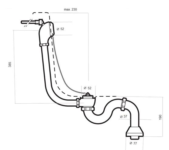 ROCA NEWCAST designový vaňový sifón, so zátkou, chróm A506403400 Technický nákres