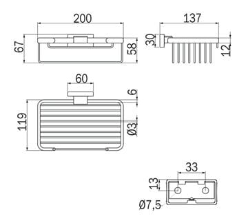 INDA LEA 1800 drôtená polica 200 mm, nástenná, chróm A18510CR Technický nákres