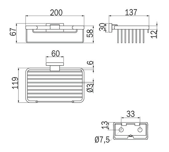 INDA LEA 1800 drôtená polica 200 mm, nástenná, brúsené zlato A18510GB Technický nákres