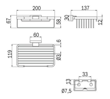 INDA LEA 1800 drôtená polica 200 mm, nástenná, brúsené zlato A18510GB Technický nákres