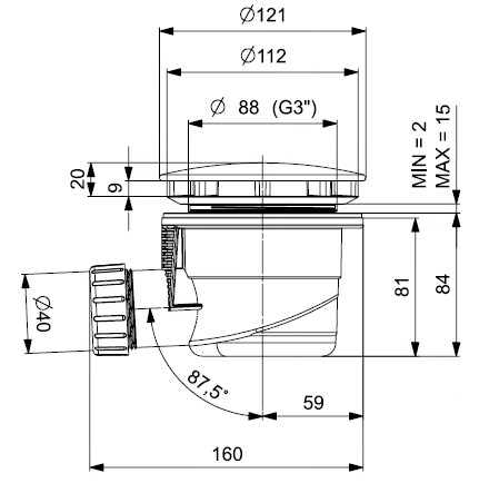 EASY vaničkový sifón pr. 90 mm, chróm EASTW001 Technický nákres