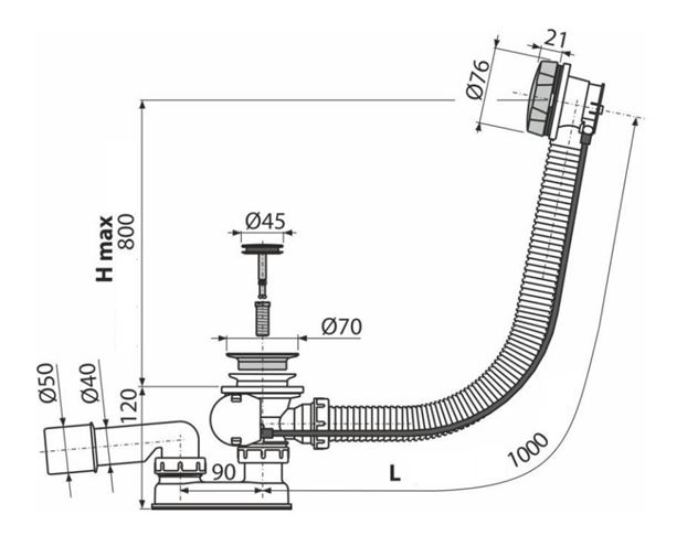 ALCA vaňový sifón 100 cm, bovden, chróm A55K-100 Technický nákres