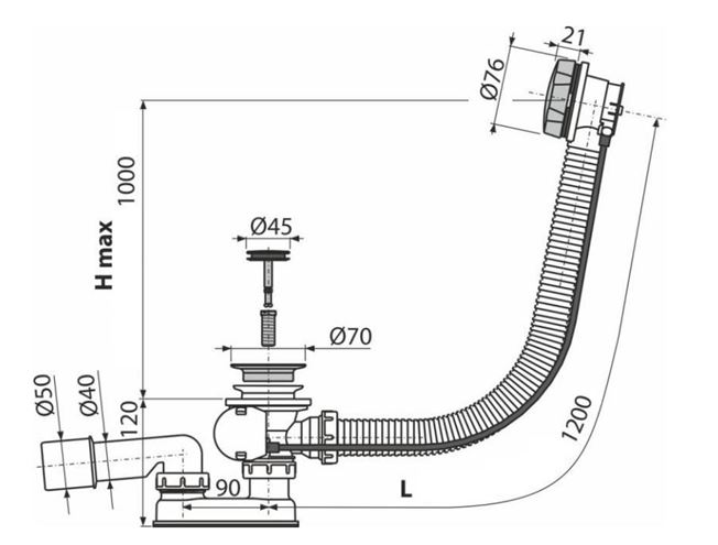 ALCA vaňový sifón 120 cm, bovden, chróm A55K-120 Technický nákres