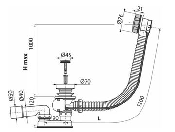 ALCA vaňový sifón 120 cm, bovden, chróm A55K-120 Technický nákres