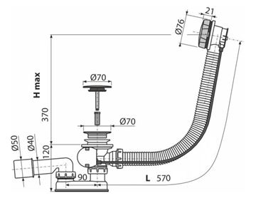 ALCA vaňový sifón 57 cm, bovden, chróm A55KM Technický nákres