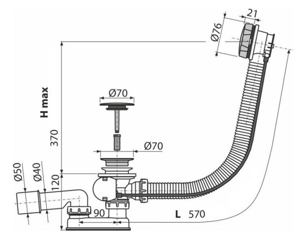 ALCA vaňový sifón 57 cm, bovden, chróm A55KM Technický nákres
