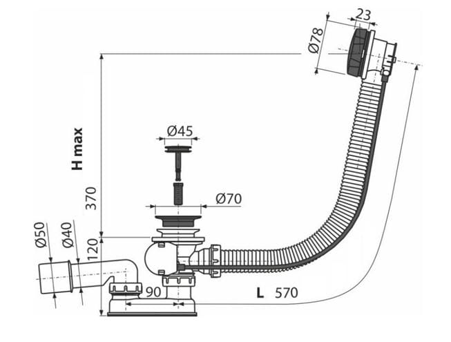ALCA vaňový sifón 57 cm, bovden, bronz antic A55ANTIC Technický nákres