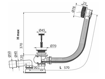 ALCA vaňový sifón 57 cm, bovden, bronz antic A55ANTIC Technický nákres
