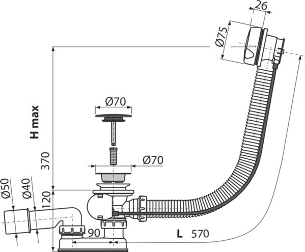 ALCA vaňový sifón 57 cm, bovden, biela A51BM Technický nákres