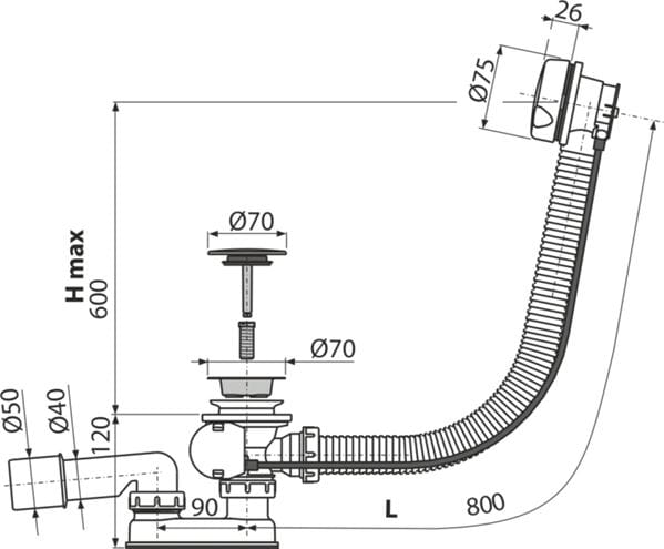 ALCA vaňový sifón 80 cm, bovden, biela A51BM-80 Technický nákres