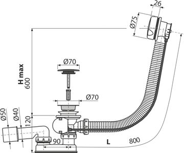ALCA vaňový sifón 80 cm, bovden, biela A51BM-80 Technický nákres