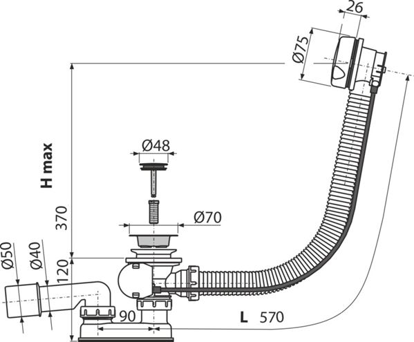 ALCA vaňový sifón 57 cm, bovden, lesklá biela A51B Technický nákres