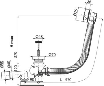 ALCA vaňový sifón 57 cm, bovden, lesklá biela A51B Technický nákres
