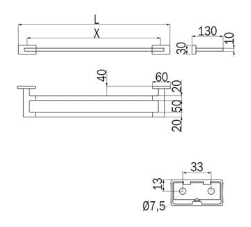 INDA LEA 1800 držiak uteráka 510 mm, dvojramenný, chróm A1819BCR Technický nákres