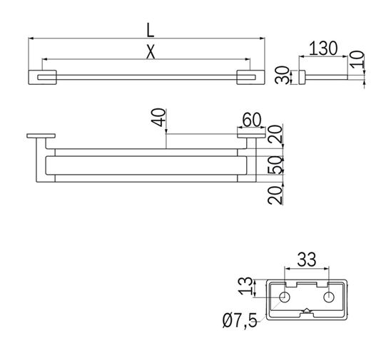 INDA LEA 1800 držiak uteráka 510 mm, dvojramenný, chróm A1819BCR Technický nákres