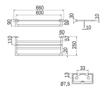 INDA LEA 1800 držiak uterákov 660 mm, chróm A18680CR Technický nákres
