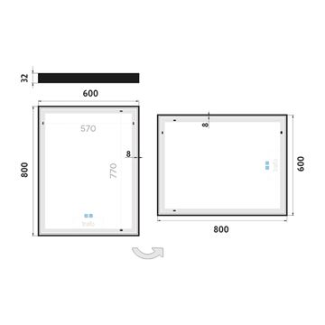 NIMCO 13000 zrkadlo 60x80 cm, reverzibilné, s osvetlením, s reguláciou stmievania a teploty svetla, s dvoma senzormi ZPC 13002VX-90 Technický nákres