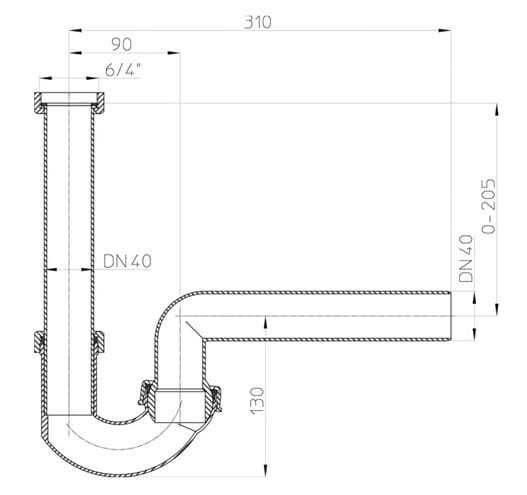 HL-100G/40 drezový sifón DN40, s prevlečnou maticou 6/4 HL100G/40 Technický nákres