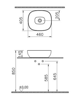 VITRA OUTLINE umývadlová misa 46 cm, bez prepadu, VitrAhygiene, matt taupe 5994B420-0016 Technický nákres