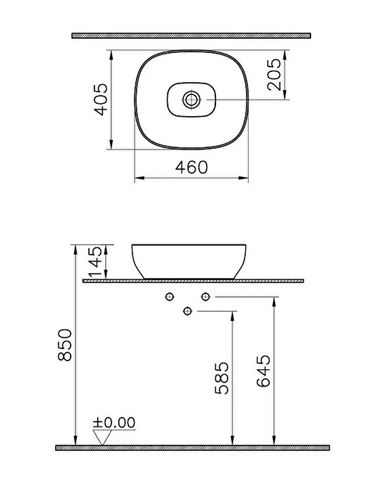 VITRA OUTLINE umývadlová misa 46 cm, bez prepadu, VitrAhygiene, matt taupe 5994B420-0016 Technický nákres