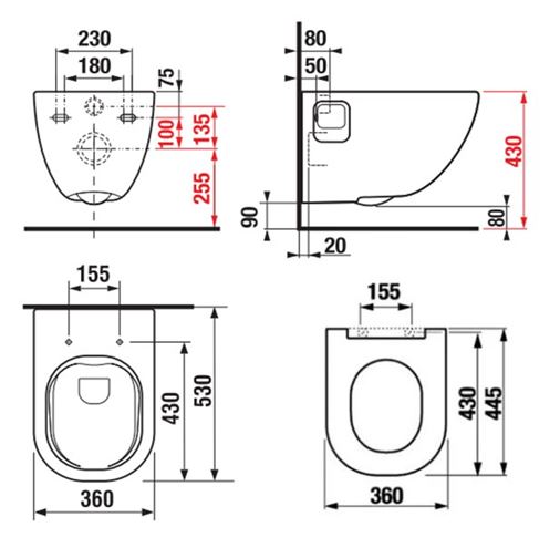 JIKA MIO-N závesné WC, so sedadlom, Rimless splachovanie H8667170000001 Technický nákres