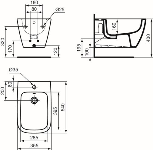 IDEAL STANDARD I.LIFE B závesný bidet, lesklá sivá T461558 Technický nákres