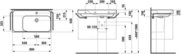 LAUFEN MEDA umývadlo 80 cm, s otvorom pre batériu a prepadom, matný grafit H8171157581041 Technický nákres