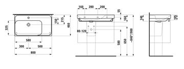 LAUFEN MEDA umývadlo 80 cm, s otvorom pre batériu a prepadom, matný grafit H8171167581041 Technický nákres