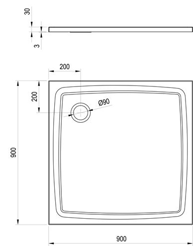 CONCEPT 100 sprchová vanička 90x90 cm, liaty mramor, bez nožičiek XA03771101005 Technický nákres