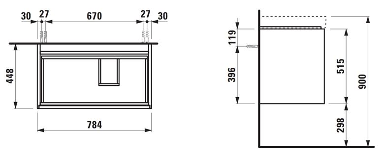 LAUFEN MEDA skrinka pod umývadlo 78,4x45x51,5 cm, 2 zásuvky, s organizérom, matná biela H4215920112601 Technický nákres