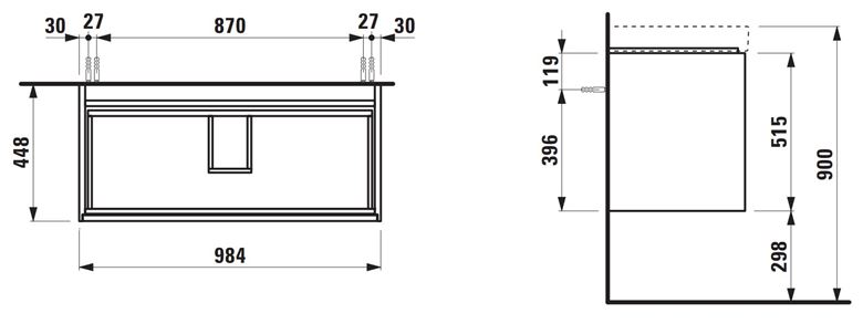 LAUFEN MEDA skrinka pod umývadlo 98,4x45x51,5 cm, 2 zásuvky, s organizérom, divoký dub H4216220112671 Technický nákres
