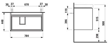 LAUFEN MEDA skrinka pod umývadlo 78,4x45x51,5 cm, 2 zásuvky, s organizérom, divoký dub H4216020112671 Technický nákres