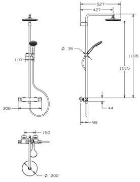 CONCEPT 100 sprchový set s termostatickou batériou, horná sprcha, ručná sprcha s 3 prúdmi, tyč, hadica, chróm PM10109/CO Technický nákres
