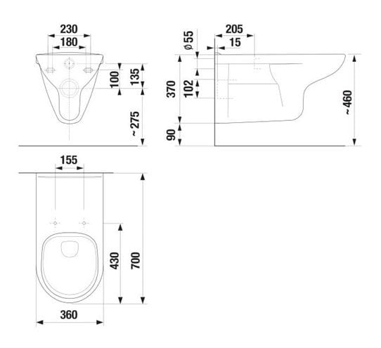 DEEP BY JIKA bezbariérové závesné WC, Rimless splachovanie H8206440000001 Technický nákres