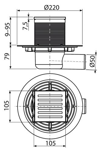 ALCA podlahový vpust 50 mm, bočný odtok, nerez APV103 Technický nákres