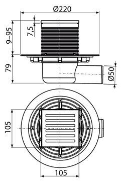 ALCA podlahový vpust 50 mm, bočný odtok, nerez APV103 Technický nákres