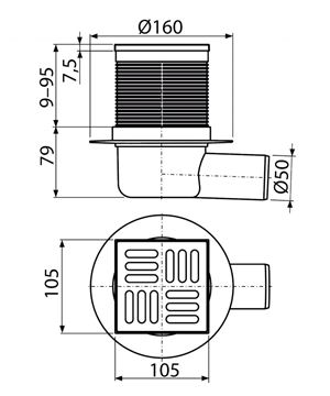 CONCEPT podlahový vpust 50 mm, bočný odtok, nerez PT100PV1 Technický nákres