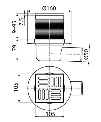 CONCEPT podlahový vpust 50 mm, bočný odtok, nerez PT100PV1 Technický nákres
