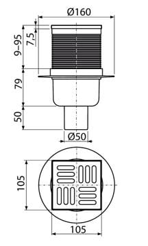 CONCEPT podlahový vpust 50 mm, zvislý odtok, nerez PT100PV2 Technický nákres